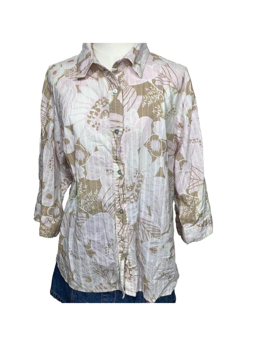 First Issue Liz Claiborne Button Shirt Women 1 Pink Tan Floral Dobby Stripe 3/4